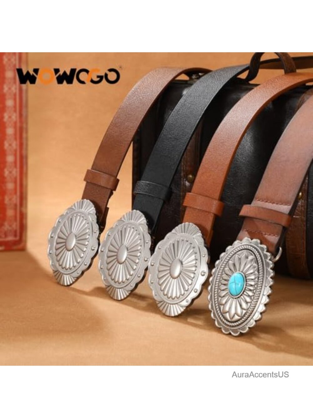 Western Cowgirl Belt with Concho Turquoise Buckle Faux Leather - Picture 3 of 6